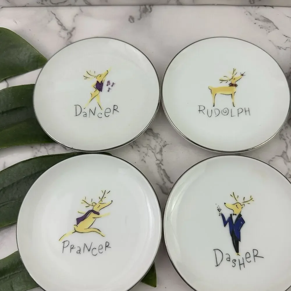 Pottery Barn Santa Reindeer Coasters Mini Appetizer Plates Set 8 Christmas 4in